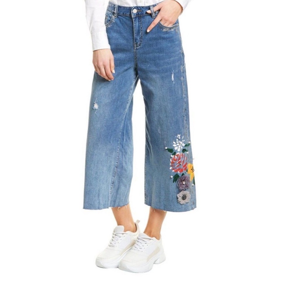 Gabby Isabella Floral Embroidered Wide Leg‎ Jeans Sz 12 Silver Foil Embellished
